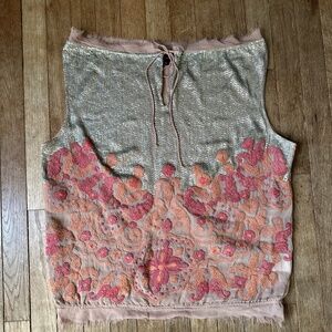 namrata joshipura cottagecore silk embroidered sequin top M orange pink‎ floral